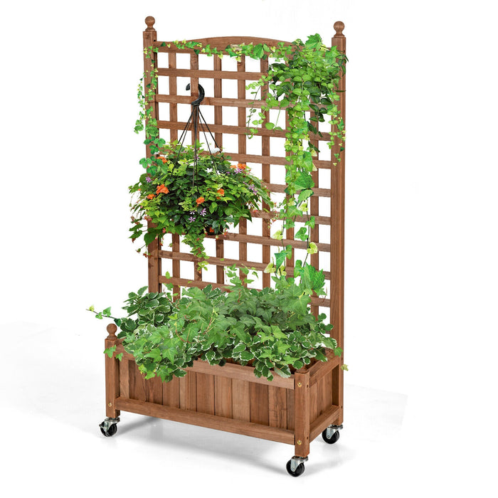 50 Inch Wood Planter Box with Trellis Mobile Raised Bed for Climbing Plant