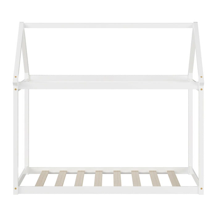 Stable Kids Platform Floor Bed with Roof ang Heavy-Duty Slats-White