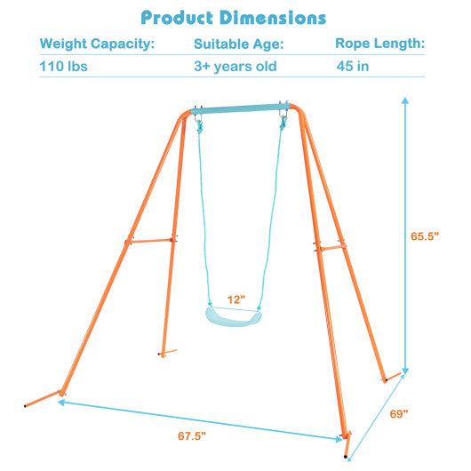 Outdoor Kids Swing Set with Heavy-Duty Metal A-Frame and Ground Stakes-Orange