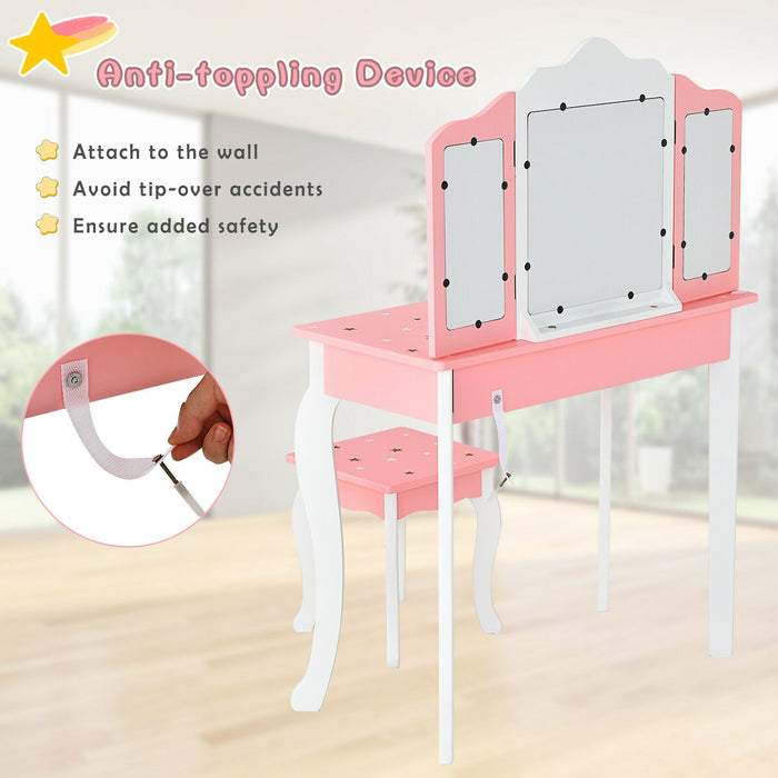 Kids Princess Vanity Table and Stool Set with Tri-folding Mirror and Drawer-Pink