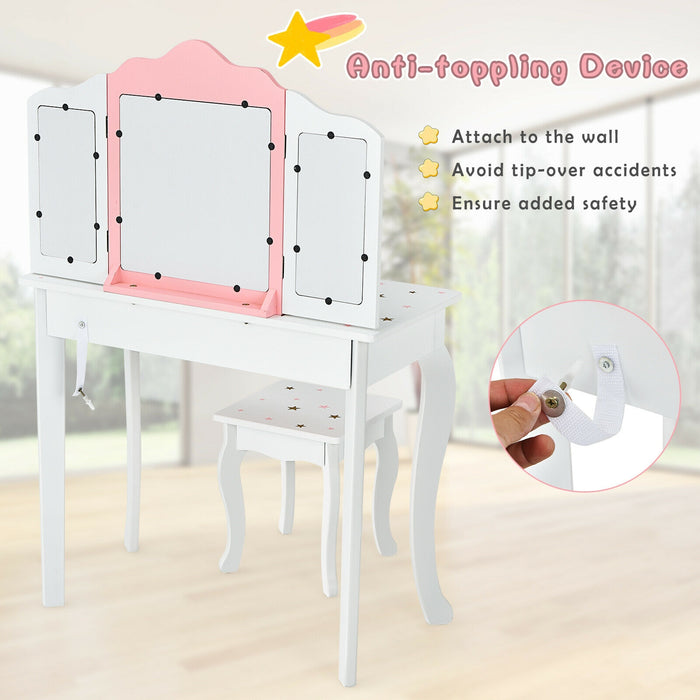 Kids Princess Vanity Table and Stool Set with Tri-folding Mirror and Drawer-White