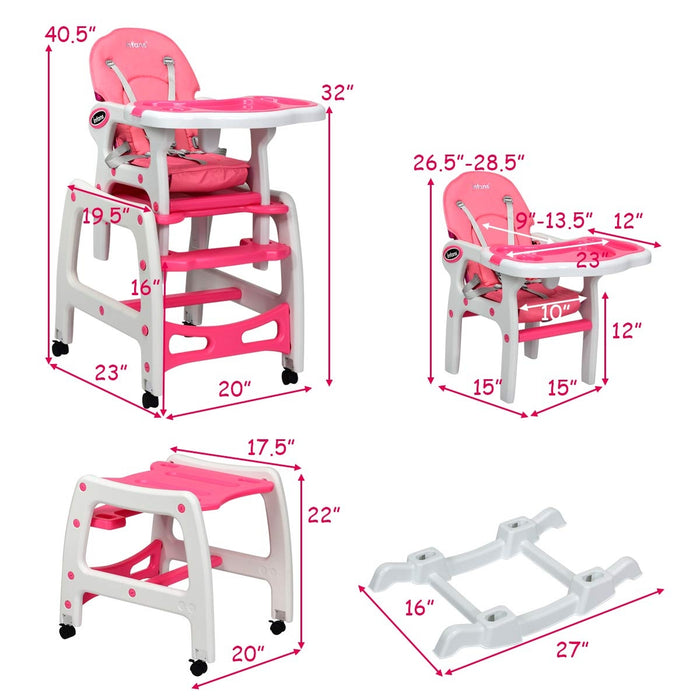 3-in-1 Baby High Chair with Lockable Universal Wheels-Pink