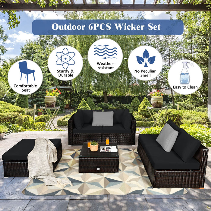 6 Pieces Outdoor Patio Rattan Sectional Sofa Set with Coffee Table-Black