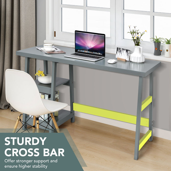 Wooden Trestle Computer Desk with 2-Tier Removable Shelves-Gray