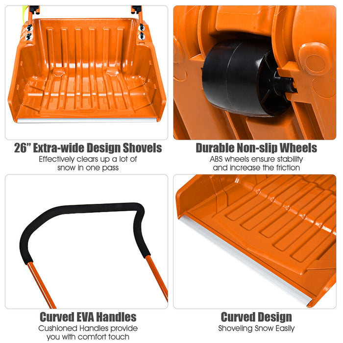 Folding Snow Pusher Scoop Shovel with Wheels and Handle-Orange