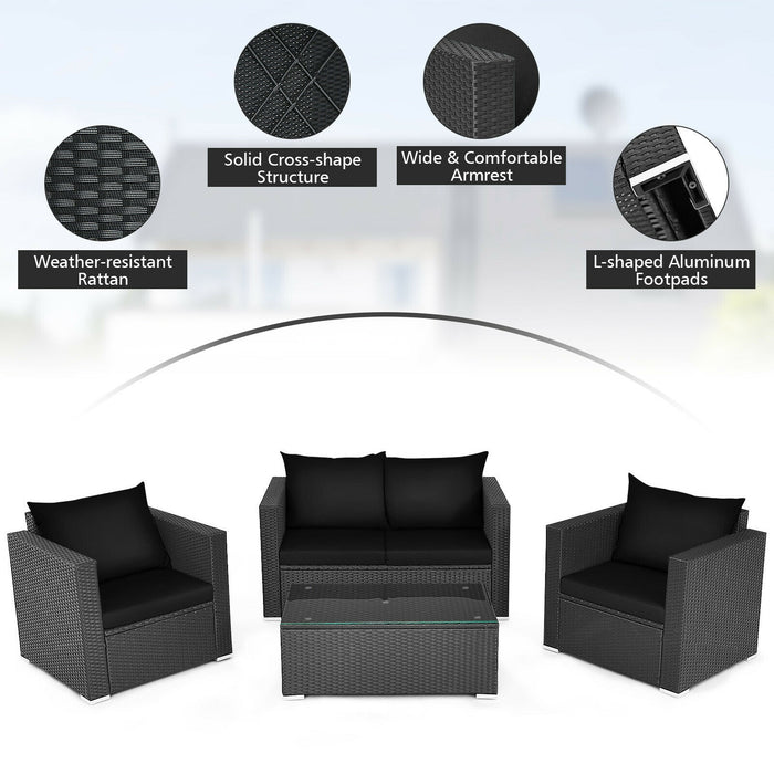 4 Pieces Patio Rattan Conversation Set with Cushions and Coffee Table-Black