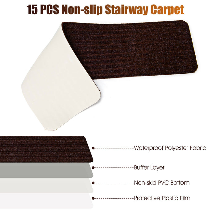 15 Pieces 30 x 8 Inch Slip Resistant Soft Stair Treads Carpet-Brown