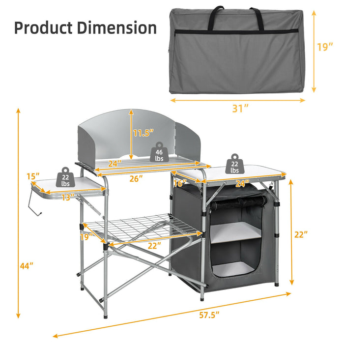 Foldable Outdoor BBQ Portable Grilling Table With Windscreen Bag-Gray