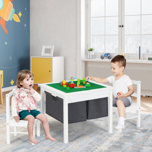 2-in-1 Kids Activity Table and 2 Chairs Set with Storage Building Block Table-White