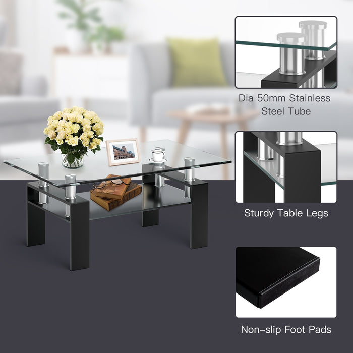 Rectangle Glass Coffee Table with Metal Legs for Living Room-Black