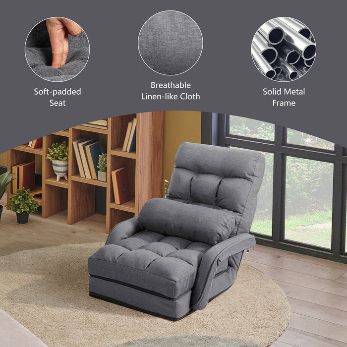 Folding Lazy Floor Chair Sofa with Armrests and Pillow-Gray