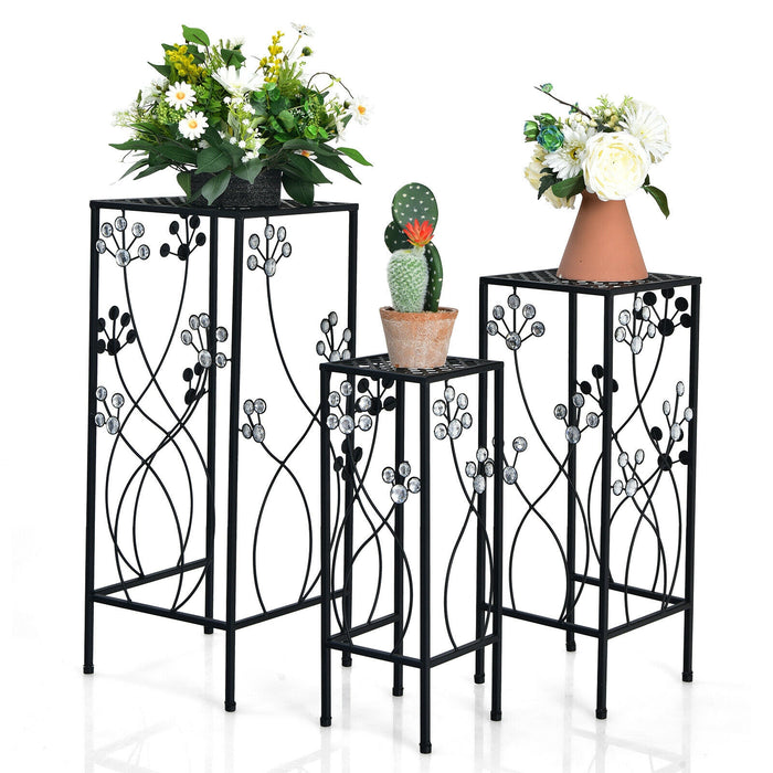 3 Pieces Flower Pots Display Rack with Vines and Crystal Floral Accents Square-Black