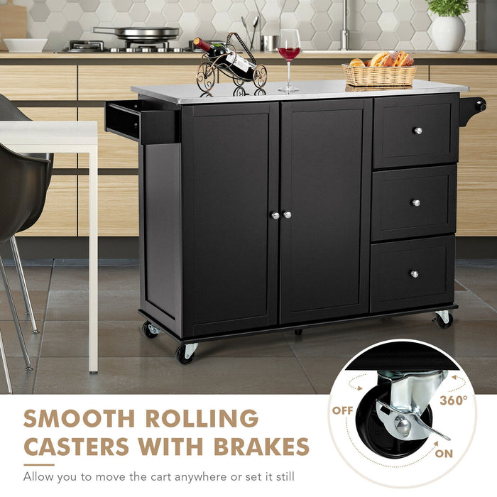 Rolling Kitchen Island with Stainless Steel Countertop and 3 Drawers-Black