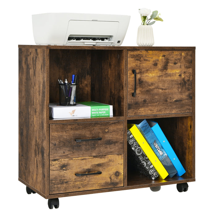 Mobile Filing Cabinet with Lateral Printer Stand and Storage Shelves-Brown