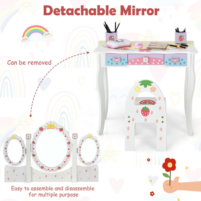 Kids Vanity Princess Makeup Dressing Table Chair Set with Tri-fold Mirror-White