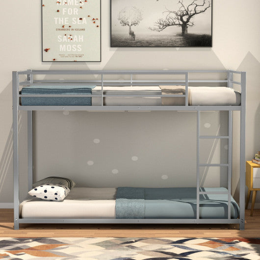 Sturdy Metal Bunk Bed Frame Twin Over Twin with Safety Guard Rails and Side Ladder-Silver