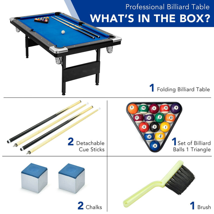 6 Feet Foldable Billiard Pool Table with Complete Set of Balls-Blue