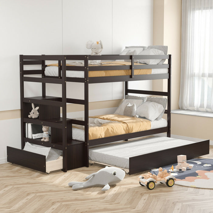 Twin Over Twin Bunk Bed with Storage Shelf and Drawer-Dark Brown