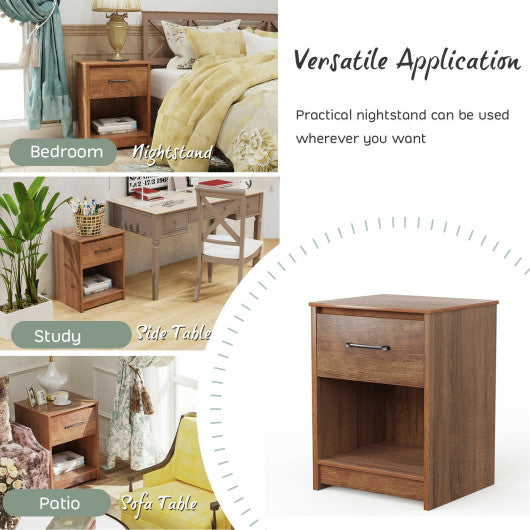 Wooden Nightstand with Drawer and Open Storage Compartment-Brown