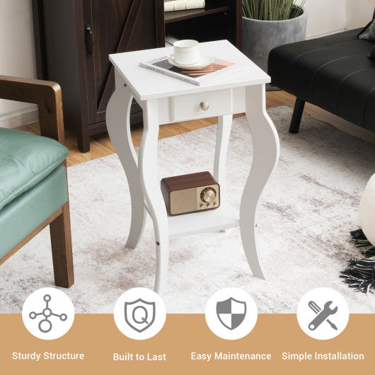 2-Tier End Table with Drawer and Shelf for Living Room Bedroom-White