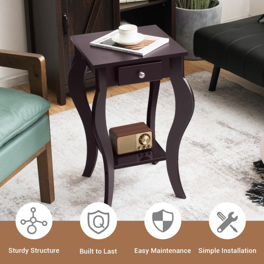 2-Tier End Table with Drawer and Shelf for Living Room Bedroom-Brown