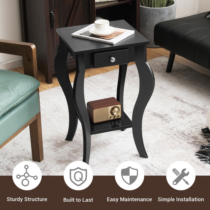 2-Tier End Table with Drawer and Shelf for Living Room Bedroom-Black