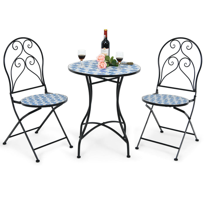 2 Pieces Patio Folding Mosaic Bistro Chairs with Blue Floral Pattern