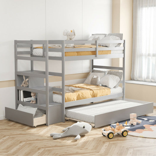 Twin Over Twin Bunk Bed with Storage Shelf and Drawer-Light Gray