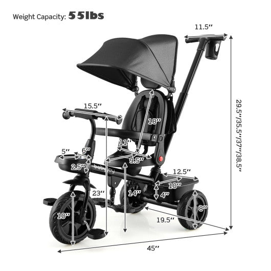 4-in-1 Reversible Toddler Tricycle with Height Adjustable Push Handle-Black