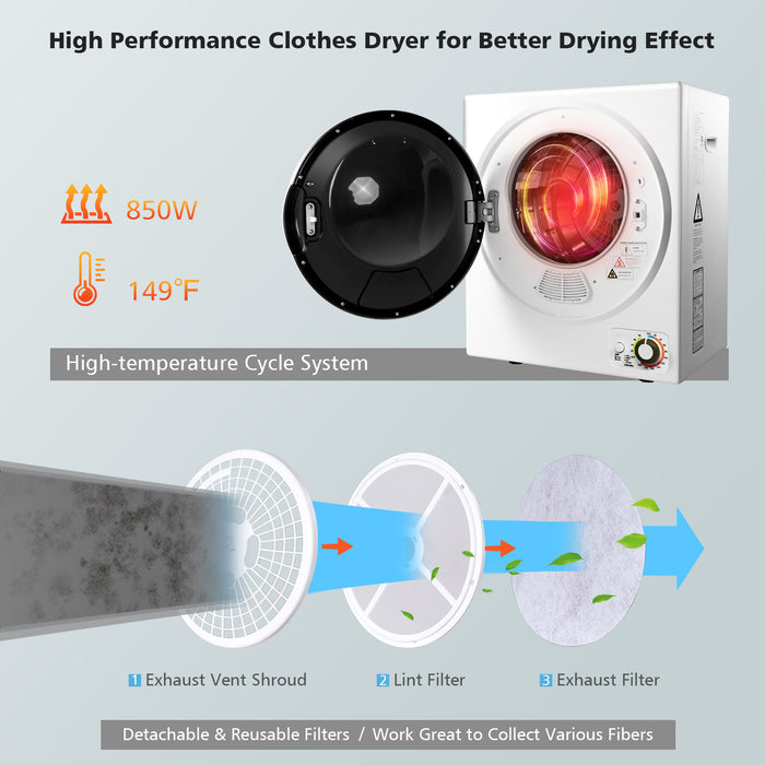 1.5 Cu .ft Clothes Dryer with with Stainless Steel Wall Mount-White