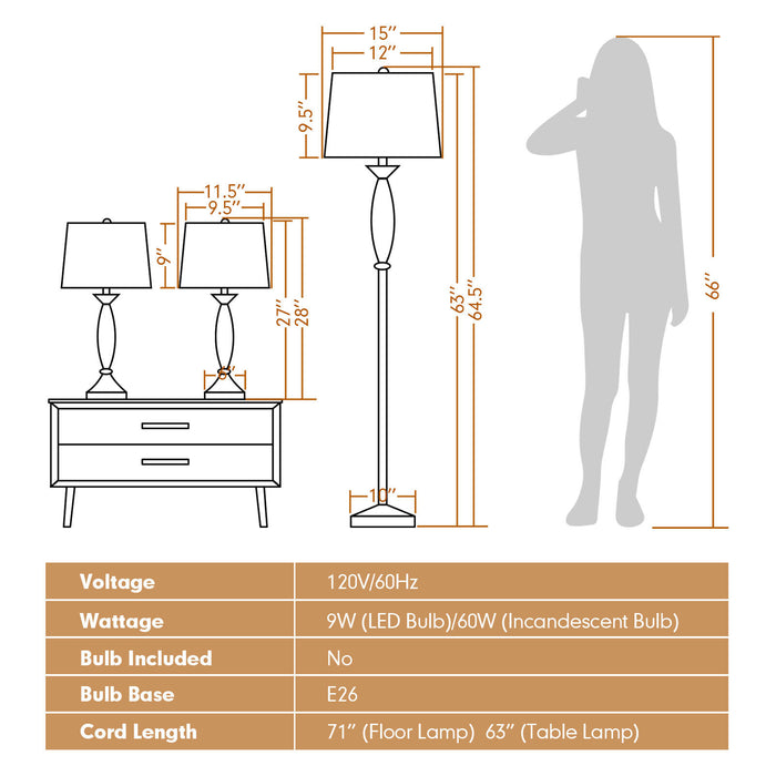 3-Piece Modern Nickel Finish Lamp Set-Silver