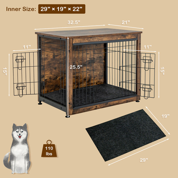 Wooden Dog Crate Furniture with Double Door and Tray-Brown