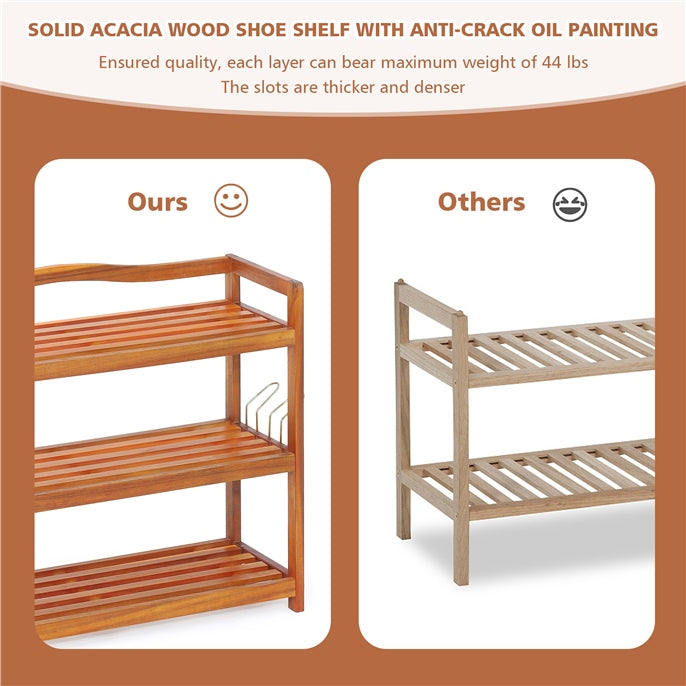 5-Tier Acacia Wood Shoe Rack with Side Metal Hooks