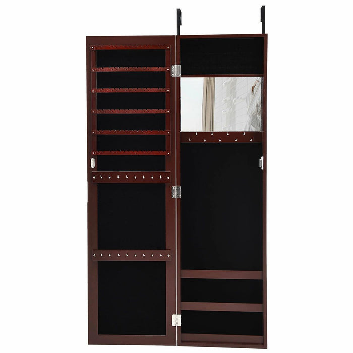 Full Length Mirror Jewelry Cabinet with Ring Slots and Necklace Hooks-Dark Brown