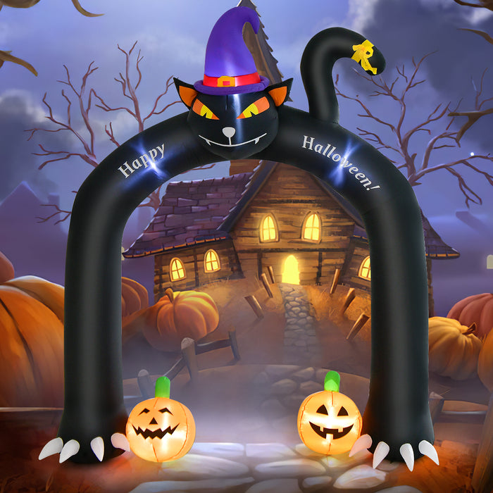 9 Feet Halloween Inflatable Cat Archway with Wizard Cat and Pumpkins