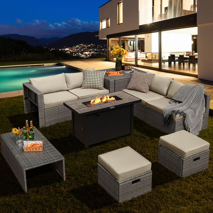 9 Pieces Patio Furniture Set with 42 Inches 60000 BTU Fire Pit-White