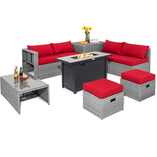 9 Pieces Patio Furniture Set with 42 Inches 60000 BTU Fire Pit-Red