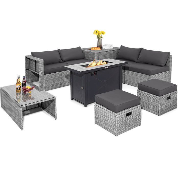 9 Pieces Patio Furniture Set with 42 Inches 60000 BTU Fire Pit-Gray