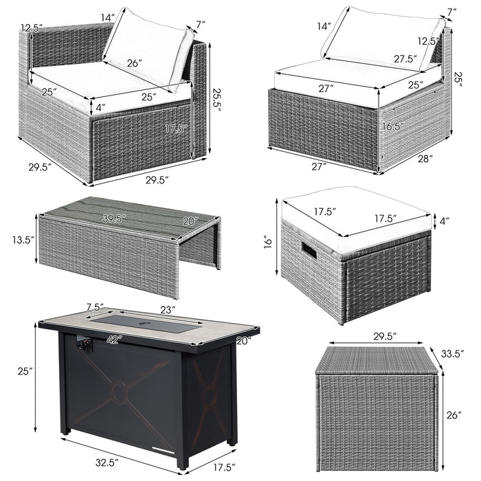 9 Pieces Patio Furniture Set with 42 Inches 60000 BTU Fire Pit-Red