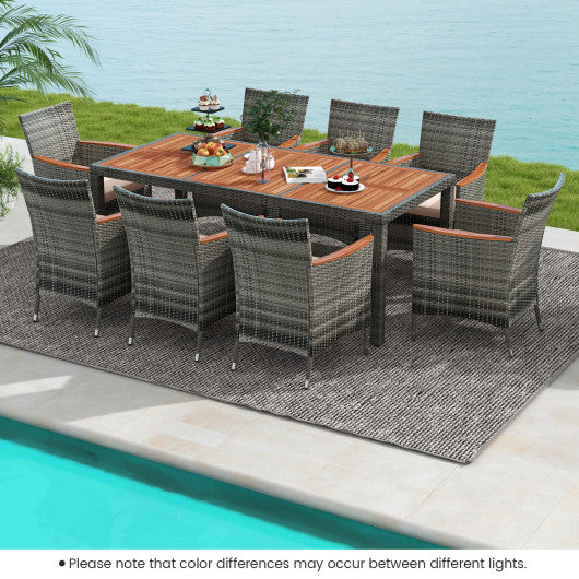 9 Pieces Rattan Patio Dining Set with Acacia Wood Table and Cushioned Chair