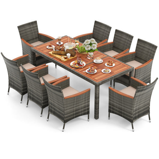 9 Pieces Rattan Patio Dining Set with Acacia Wood Table and Cushioned Chair