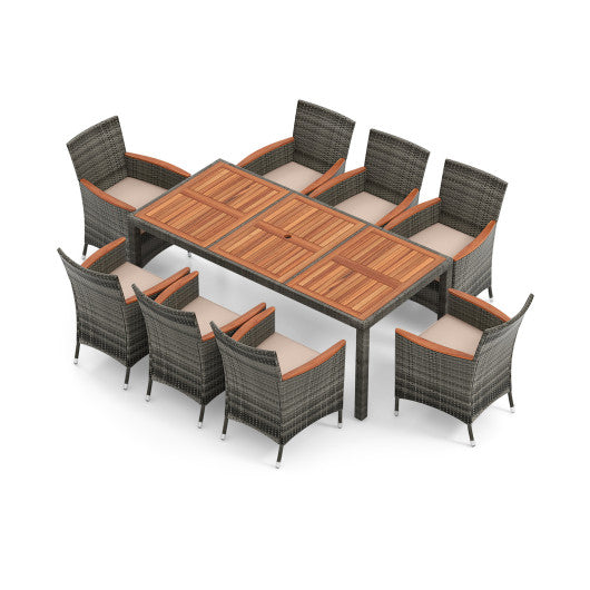 9 Pieces Rattan Patio Dining Set with Acacia Wood Table and Cushioned Chair