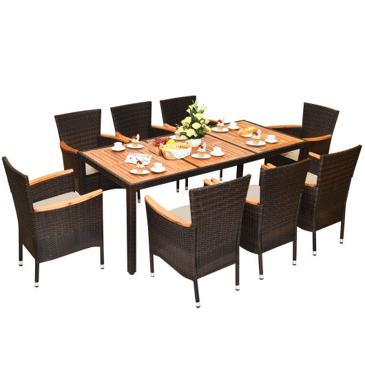 9 Pieces Rattan Dining Set with Acacia Wood Table and Stackable Cushioned Chairs