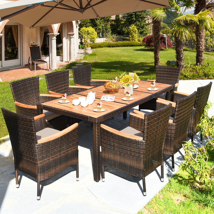 9 Pieces Rattan Dining Set with Acacia Wood Table and Stackable Cushioned Chairs