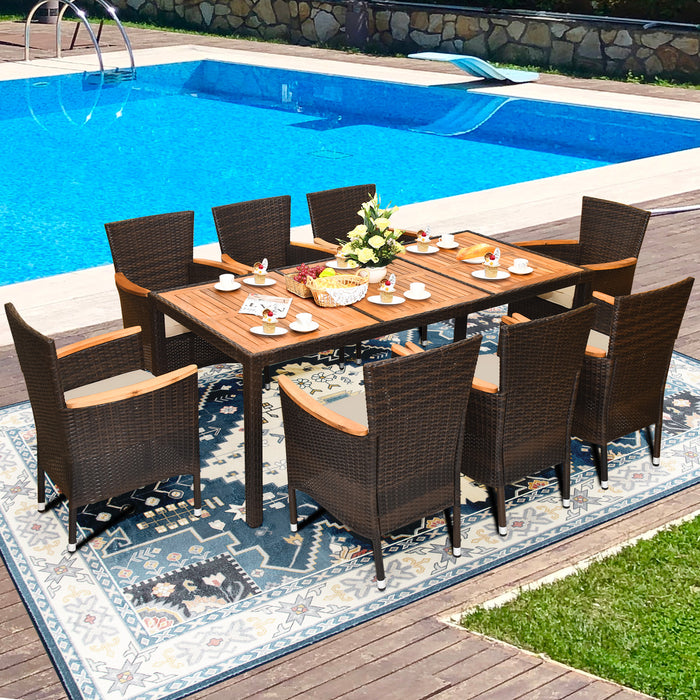 9 Pieces Rattan Dining Set with Acacia Wood Table and Stackable Cushioned Chairs