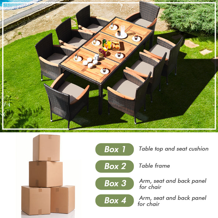 9 Pieces Rattan Dining Set with Acacia Wood Table and Stackable Cushioned Chairs