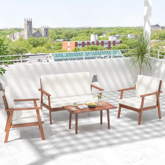 4 Piece Outdoor Acacia Wood Conversation Set with Soft Seat and Back Cushions-White