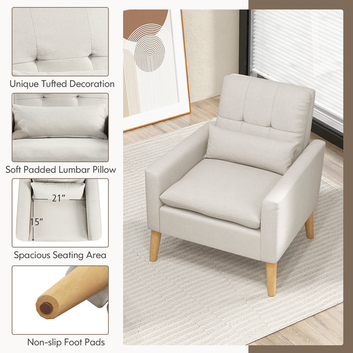 Accent Chair with Lumbar Pillow  Natural Rubber Wood Legs  Padded Cushions-Beige