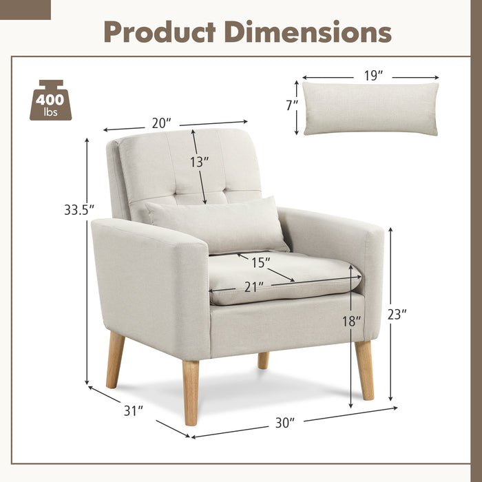 Accent Chair with Lumbar Pillow  Natural Rubber Wood Legs  Padded Cushions-Beige