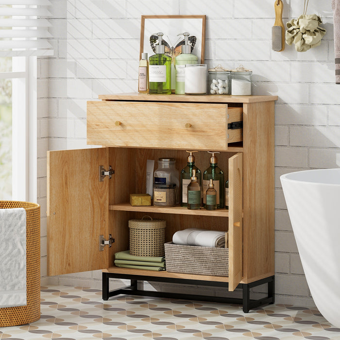 Accent Floor Storage Cabinet with Rattan Doors and Drawer-Natural